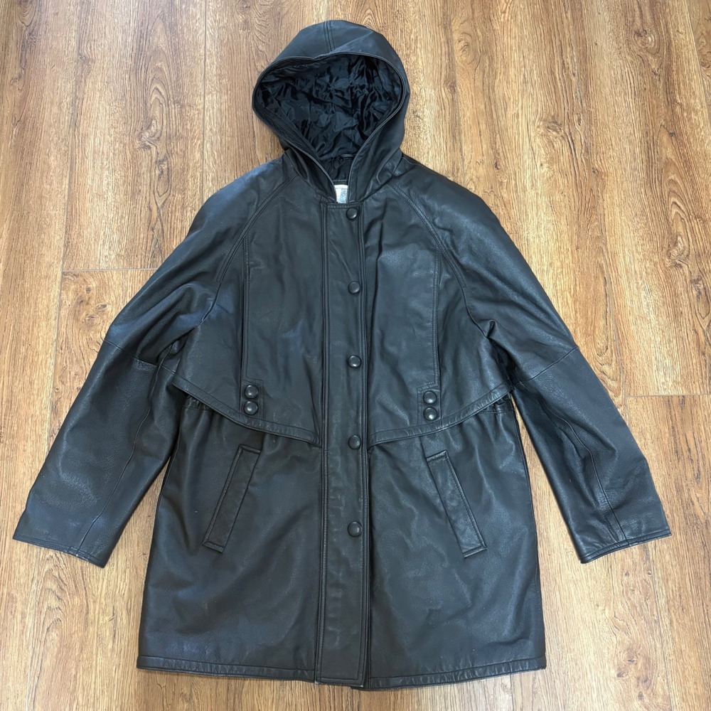 Y2K Middlebrook Park Mens L Black Genuine Leather Hooded Parka Jacket Coat biker